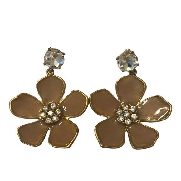 Beige Flower Clear Rhinestones Pierced Earrings - Picture 2 of 4